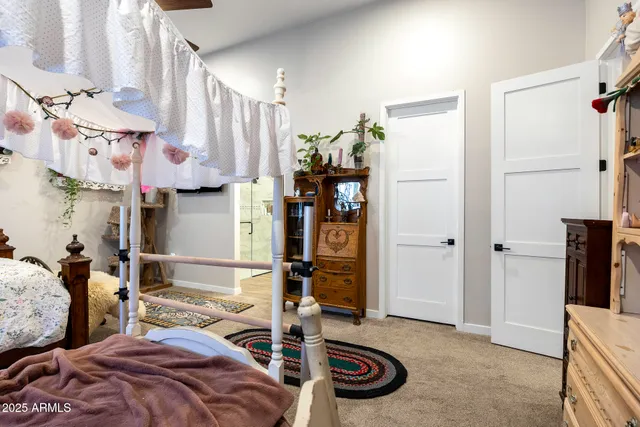 a bedroom with bed and closet