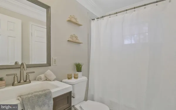 a bathroom with a sink a toilet and shower curtain