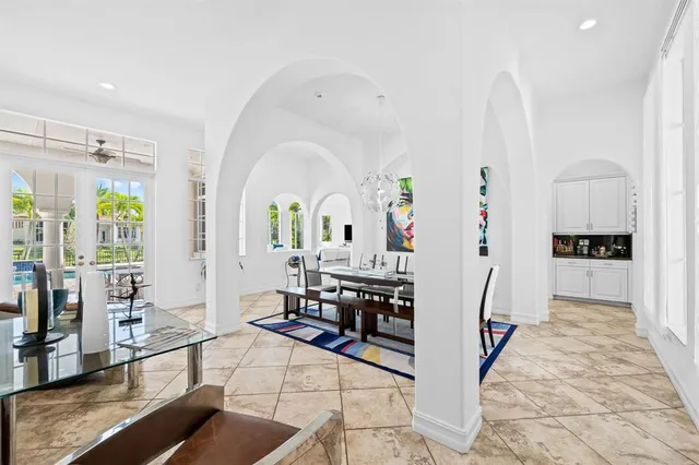 a living room with furniture and a table
