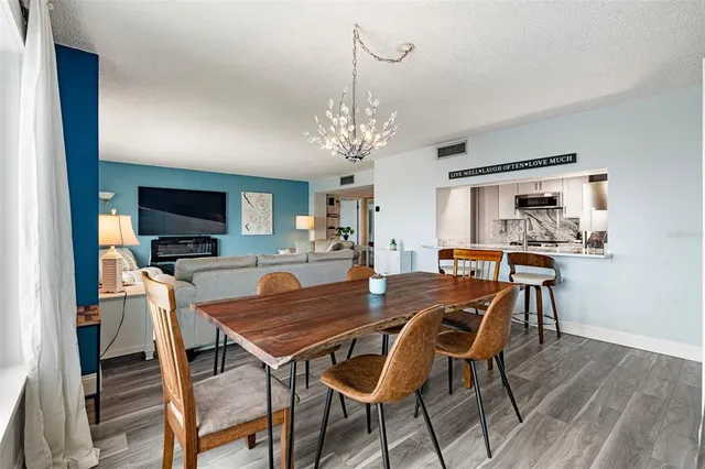 a view of a dining room with furniture and wooden floor