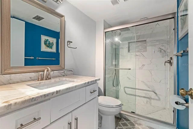 a bathroom with a granite countertop sink toilet and shower