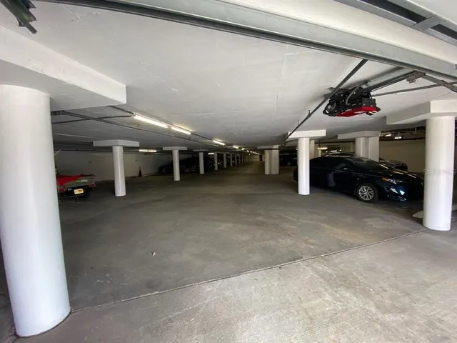 a view of a garage with storage
