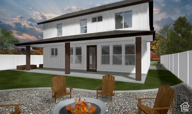 658 West 500 South Logan, UT 84321 - Photo 10 of 25 Rear view of house featuring a fire pit, a porch, board and batten siding, and a shingled roof