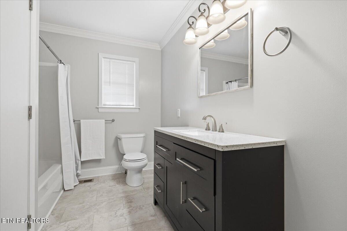 213 Lou Goddard Lane Greenback, TN 37742 - Photo 17 of 34 a bathroom with a granite countertop sink a toilet and a mirror
