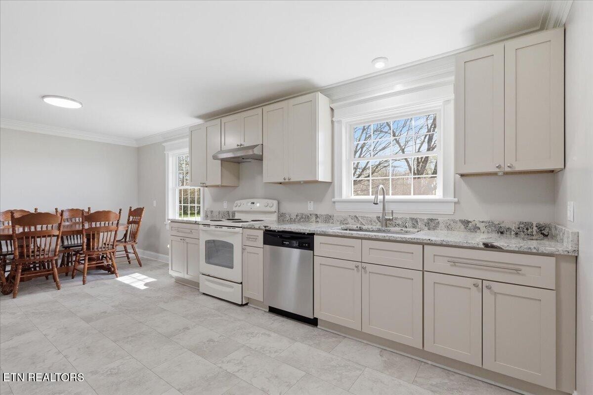 213 Lou Goddard Lane Greenback, TN 37742 - Photo 10 of 34 a kitchen with granite countertop white cabinets and white appliances