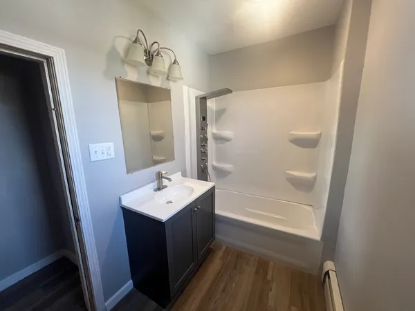 a bathroom with a sink a mirror and a shower