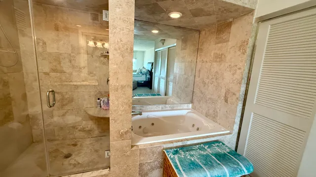 a bathroom with a bath tub and shower
