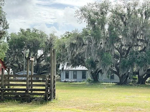 an aerial view of a yard with plants and lake view