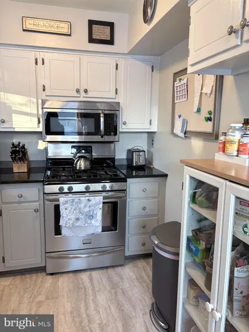 a kitchen with stainless steel appliances granite countertop a stove a sink and a microwave