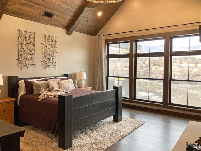 259 Meadow Drive Springville, UT 84663 - Photo 17 of 62 Bedroom with wooden ceiling, wood finished floors, lofted ceiling with beams, and recessed lighting