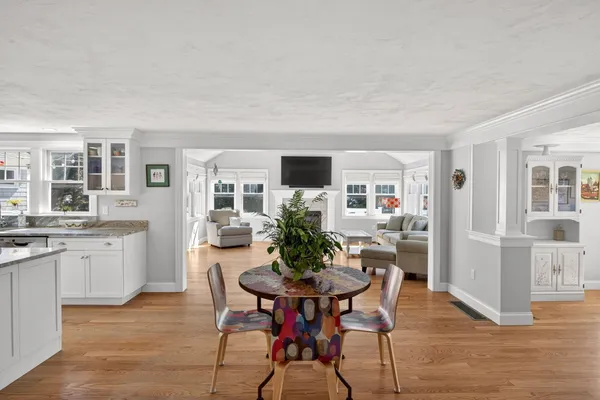 a view of a dining room with furniture window and wooden floor