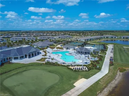 an aerial view of a swimming pool