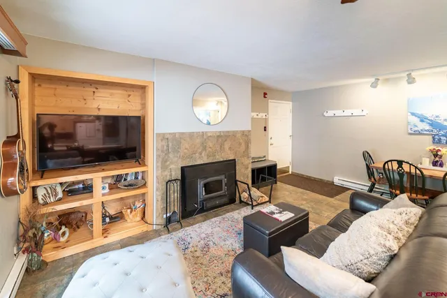 a living room with furniture a flat screen tv and a fireplace
