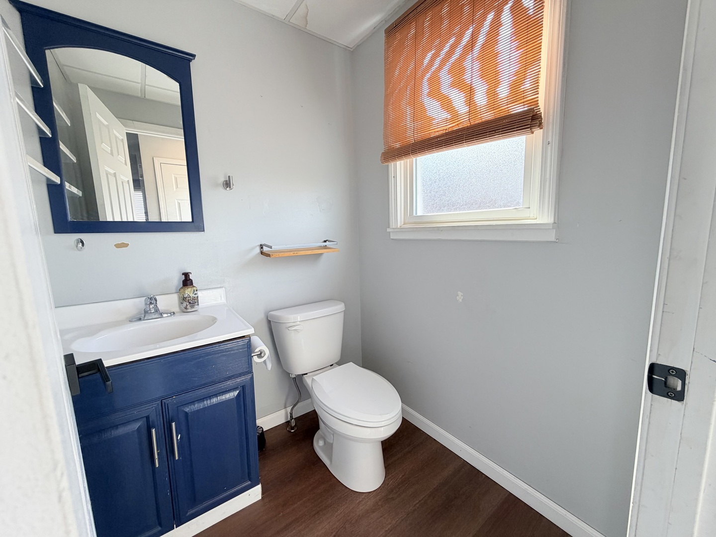 608 West Cedar Street Le Roy, IL 61752 - Photo 8 of 17 a bathroom with a toilet a sink a mirror and a window
