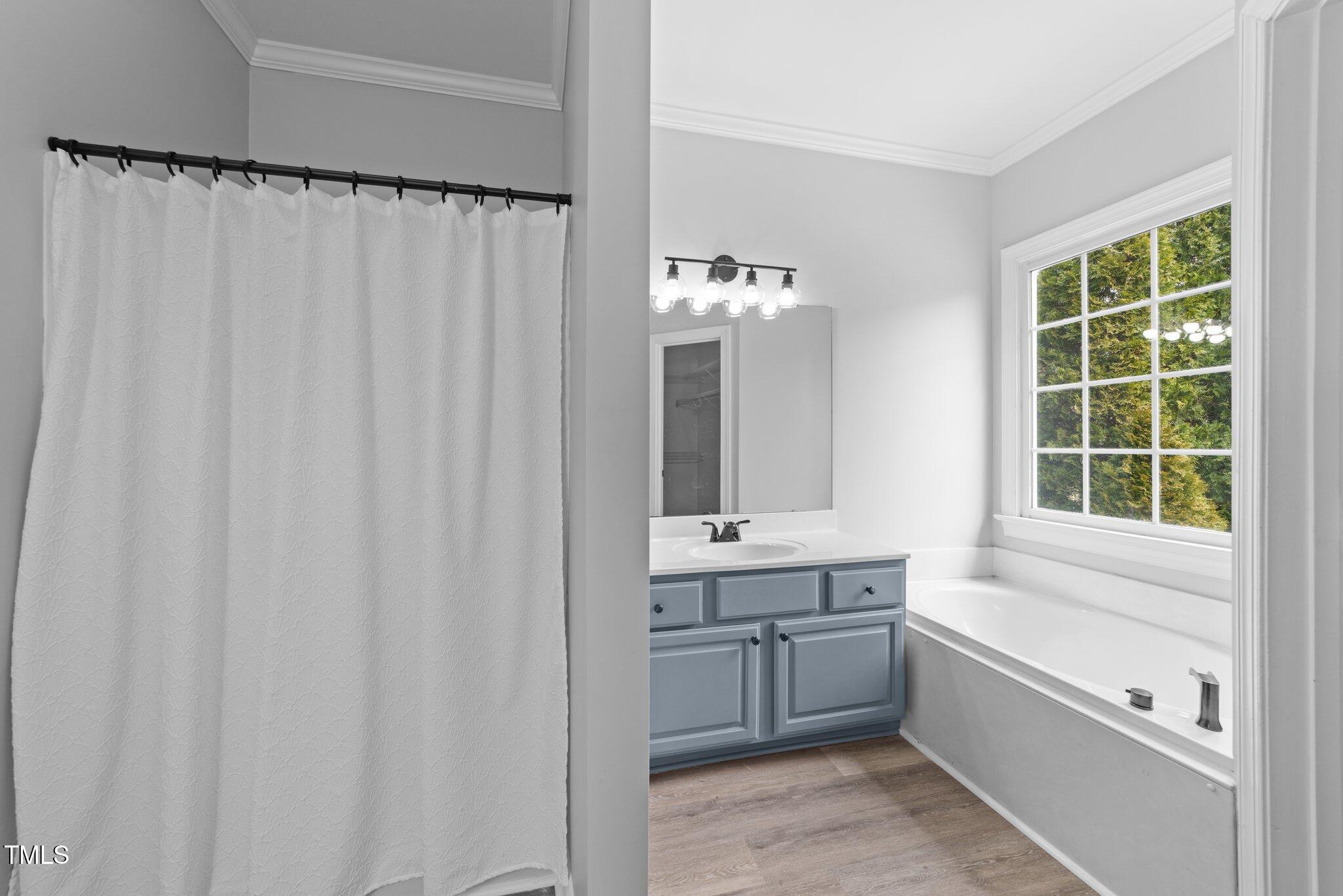 3525 La Costa Way Raleigh, NC 27610 - Photo 18 of 45 a bathroom with a double vanity sink a bathtub and shower