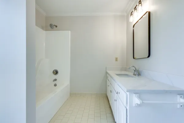 a bathroom with a tub a sink and a mirror