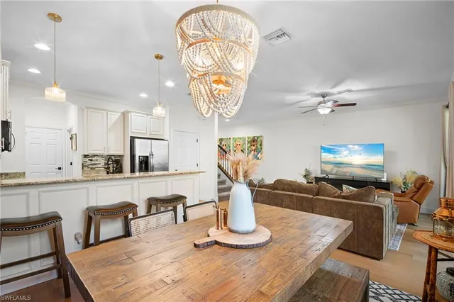 a view of a dining room with furniture