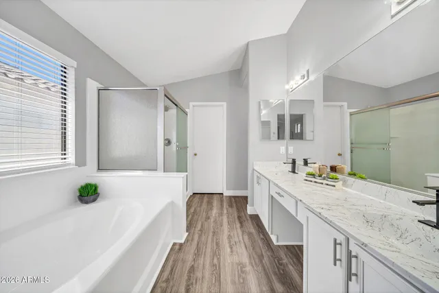 a bathroom with a granite countertop sink and a bathtub