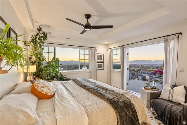 1800 Spring Oaks Drive Springville, UT 84663 - Photo 52 of 68 Bedroom with a ceiling fan, a raised ceiling, and a mountain view