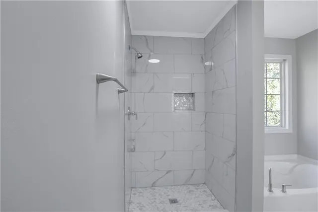 a bathroom with a bathtub and shower