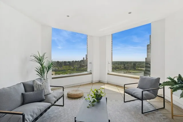 a living room with furniture and a potted plant
