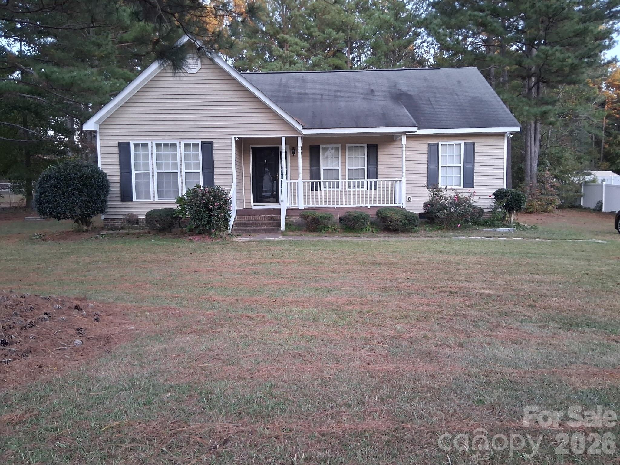 a view of a yard in front of a house with plants and large trees