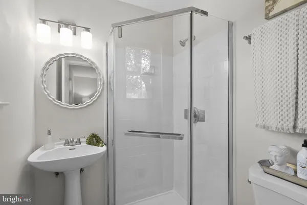 a bathroom with a sink a mirror a vanity and shower