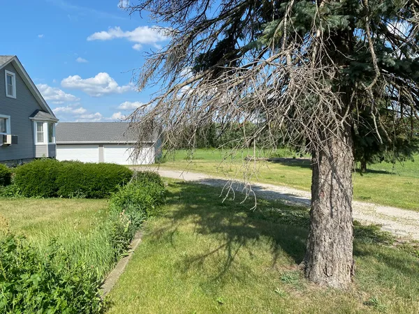 a view of backyard with swimming pool and green space