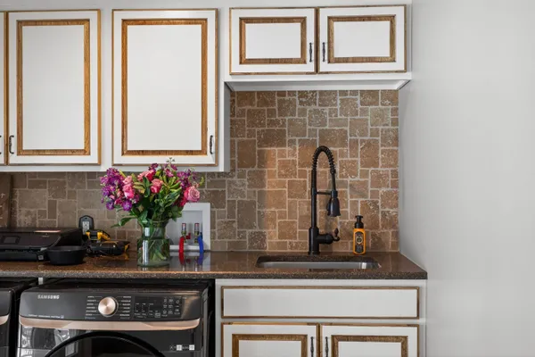 a kitchen with a potted plant on the counter and a sink