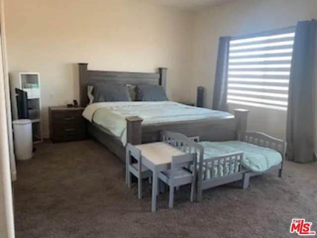 a bedroom with a bed chair and a closet