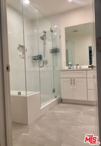 a bathroom with a shower and a sink