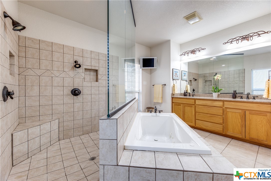 8177 Boenig Road Seguin, TX 78155 - Photo 16 of 21 a large white bathroom with a shower a sink and mirror