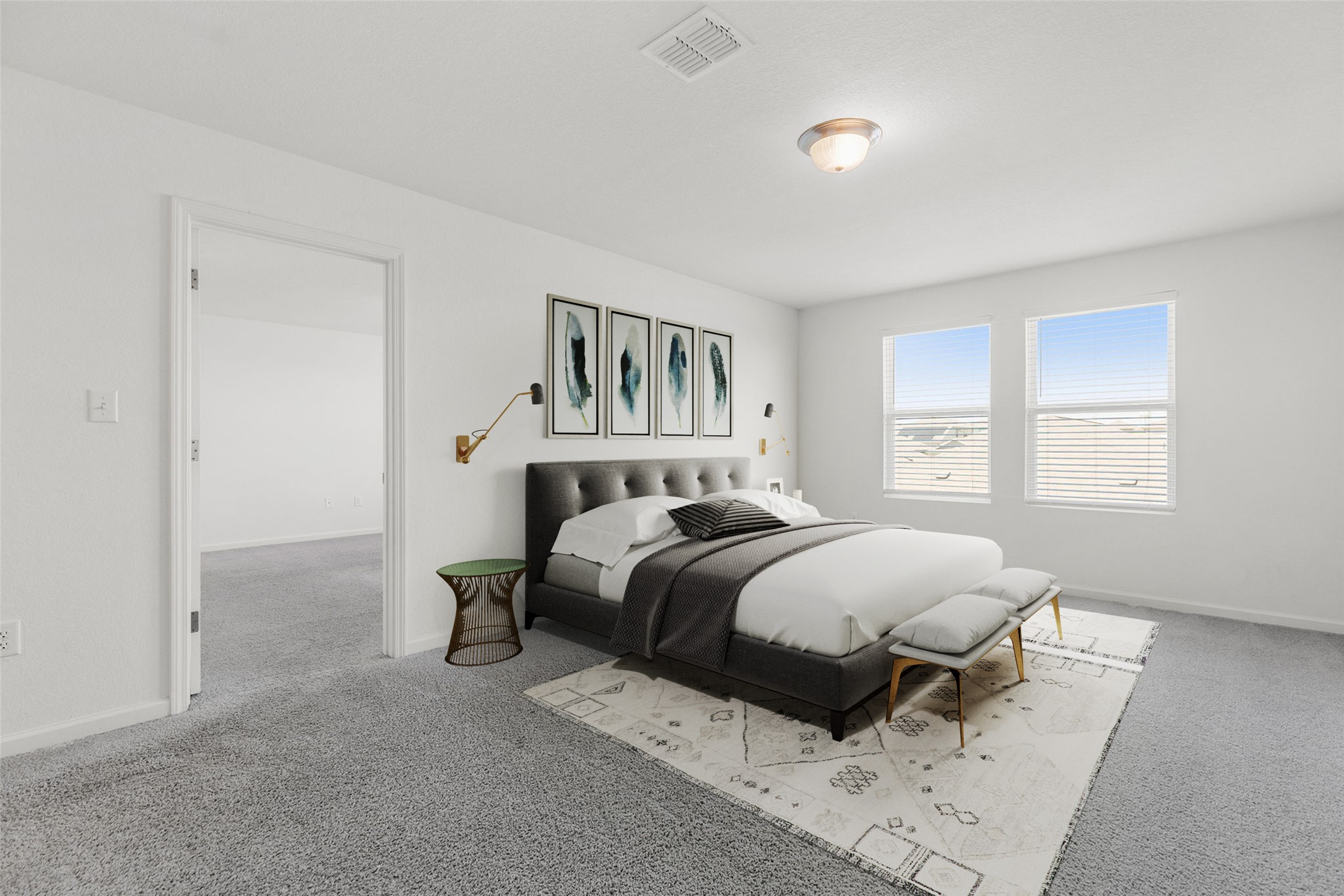 409 Line Of Fire Way Jarrell, TX 76537 - Photo 14 of 30 Spacious room featuring light gray carpeting, neutral wall color, two windows with horizontal blinds, ceiling-mounted light fixture, and open doorway to an adjoining room.
