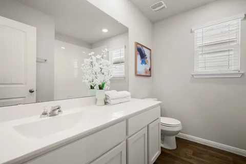 a bathroom with a toilet sink and mirror