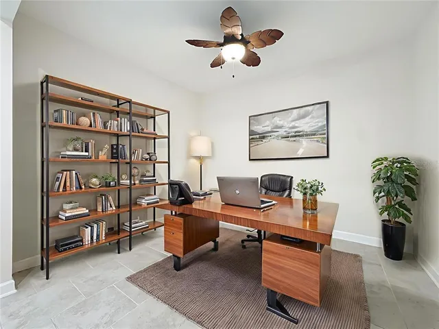 a living room with furniture a bookshelf and a potted plant