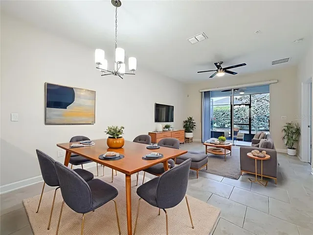 a view of a dining room with furniture window and outside view