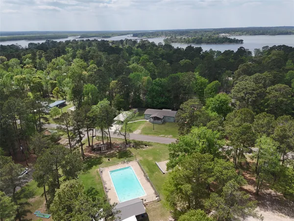 a view of a park with large trees
