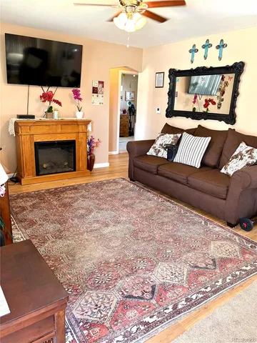 a living room with furniture a flat screen tv and a fireplace