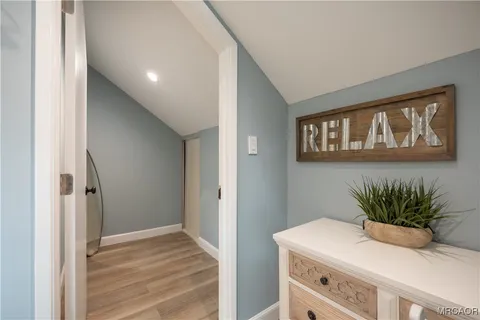 a bathroom with a sink a potted plant and a mirror