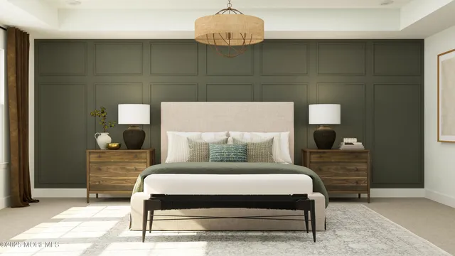 a bedroom with a bed and cabinets