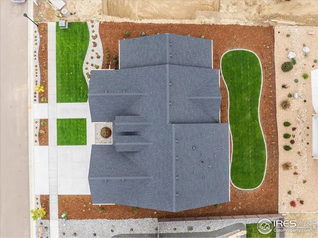 an aerial view of a swimming pool