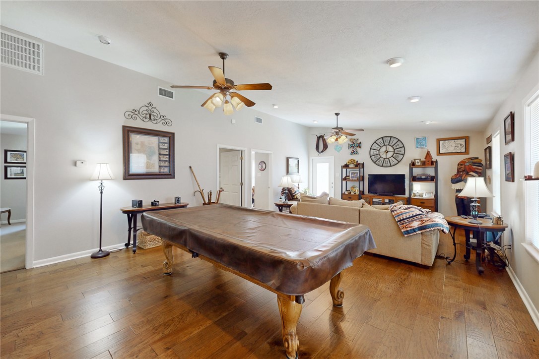 3710 Mancuso Road Bryan, TX 77808 - Photo 23 of 42 Game room with a ceiling fan, hardwood / wood-style flooring, billiards table, and recessed lighting