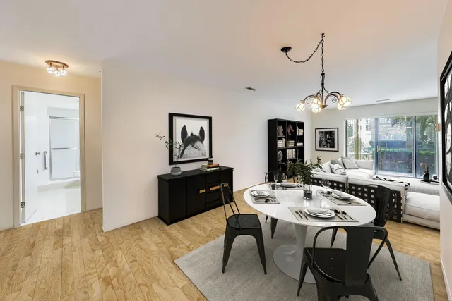 a view of a dining room with furniture