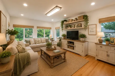 a view of a livingroom with workspace and a window