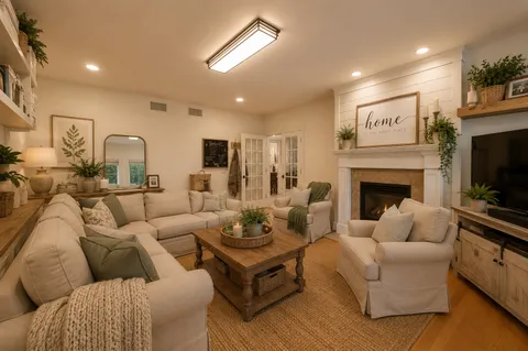 a living room with furniture and a wooden floor
