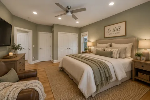 a bed room with a bed mirror and a chair