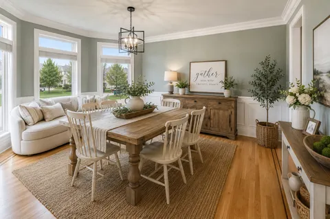 a view of a dining room and livingroom with furniture wooden floor a chandelier