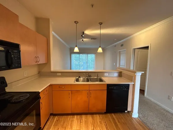 a kitchen with a sink a counter space appliances and cabinets