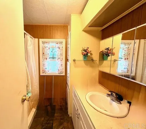 a bathroom with a sink and mirror with bathtub