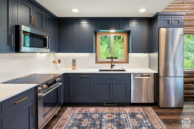 917 West Deep Forest Road Coalville, UT 84017 - Photo 8 of 41 Kitchen featuring dark blue cabinetry, white countertops, stainless steel appliances, and wood-finish flooring